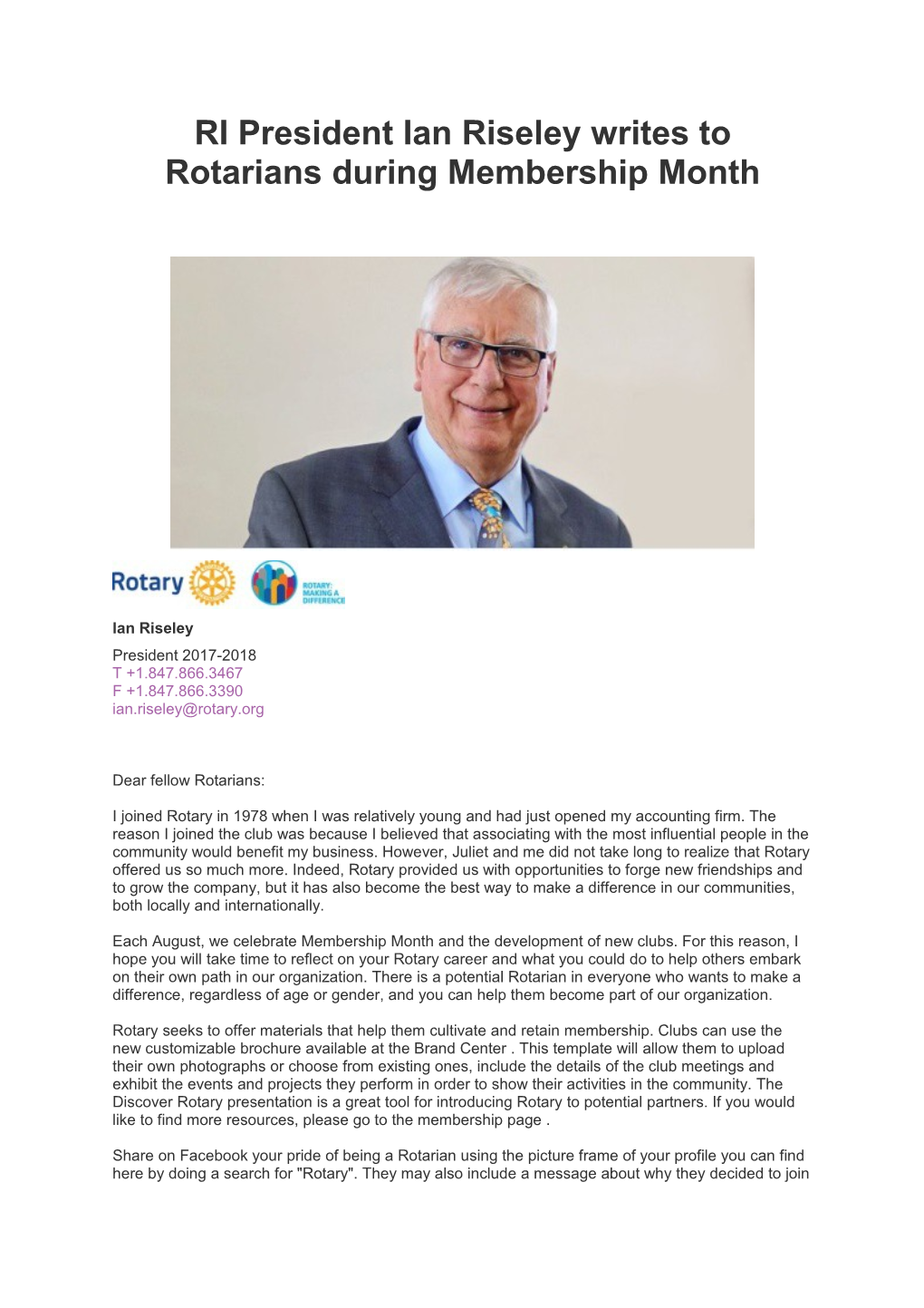RI President Ian Riseley Writes to Rotarians During Membership Month