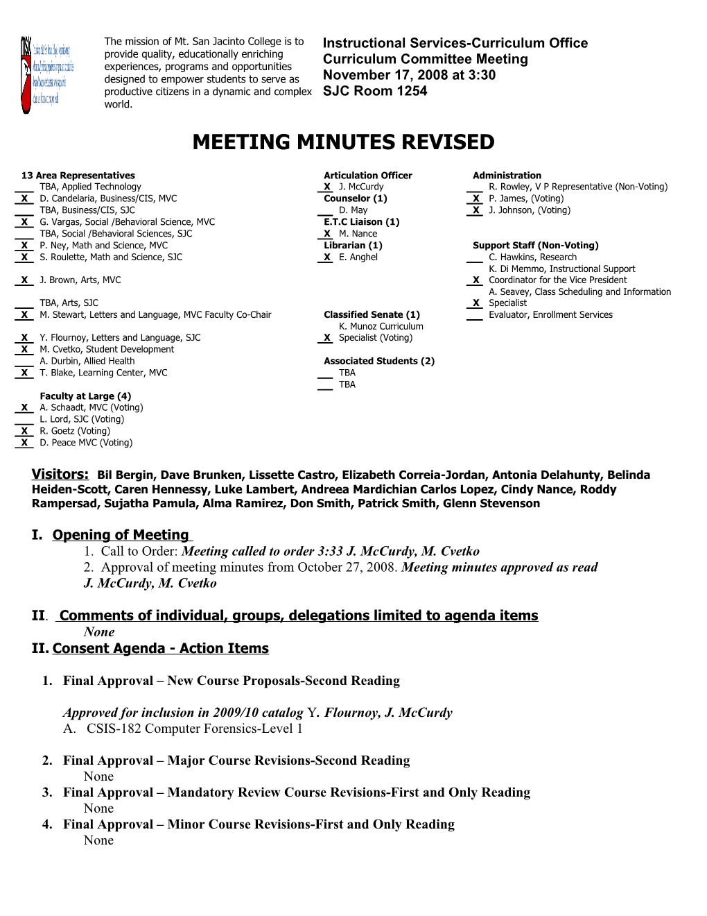 Curriculum Committee Meeting Minutes Nov 17 2008