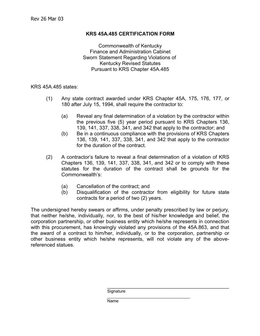 Krs 45A.485 Certification Form