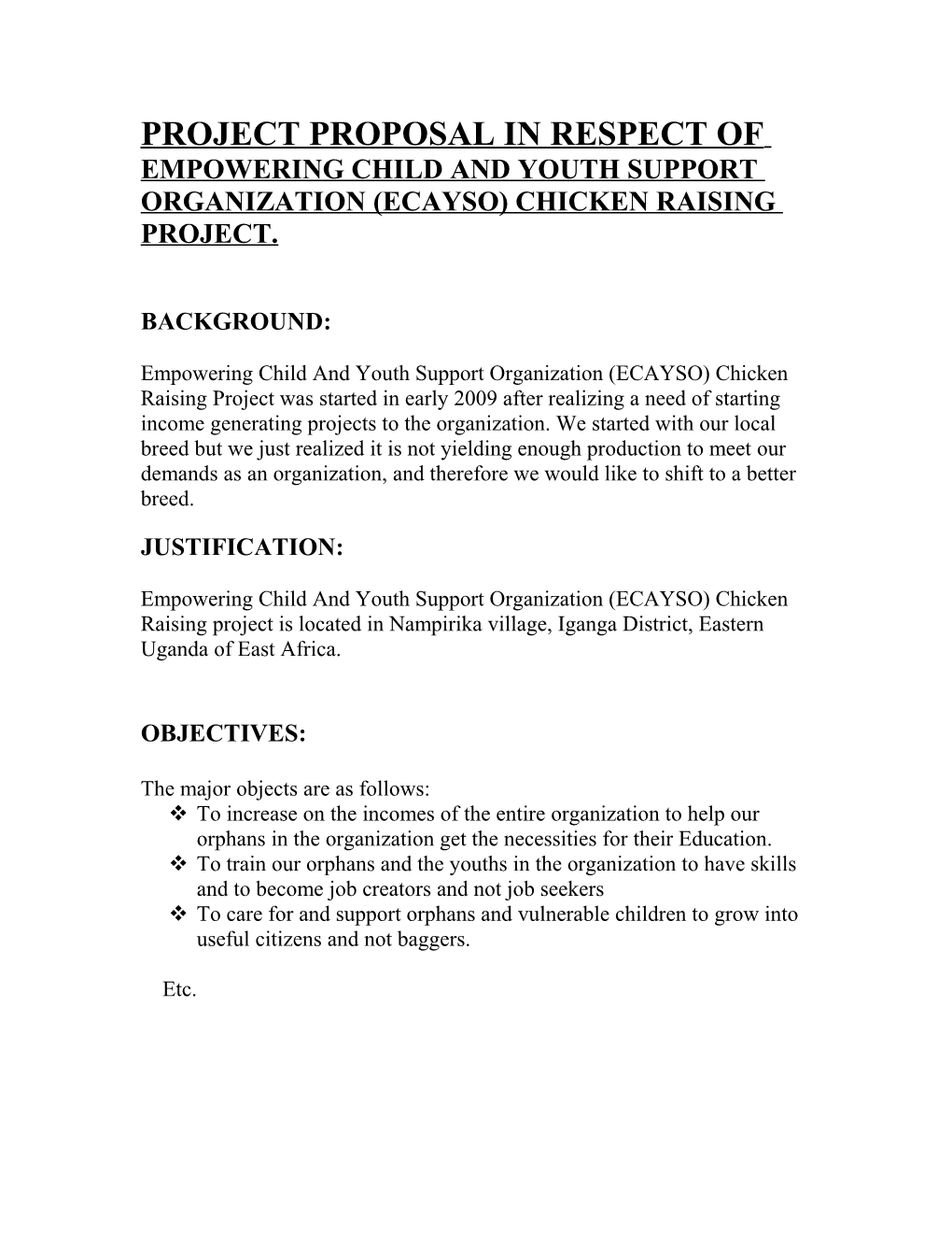 Project Proposal in Respect of Empowering Child and Youth Support Organization Chiken