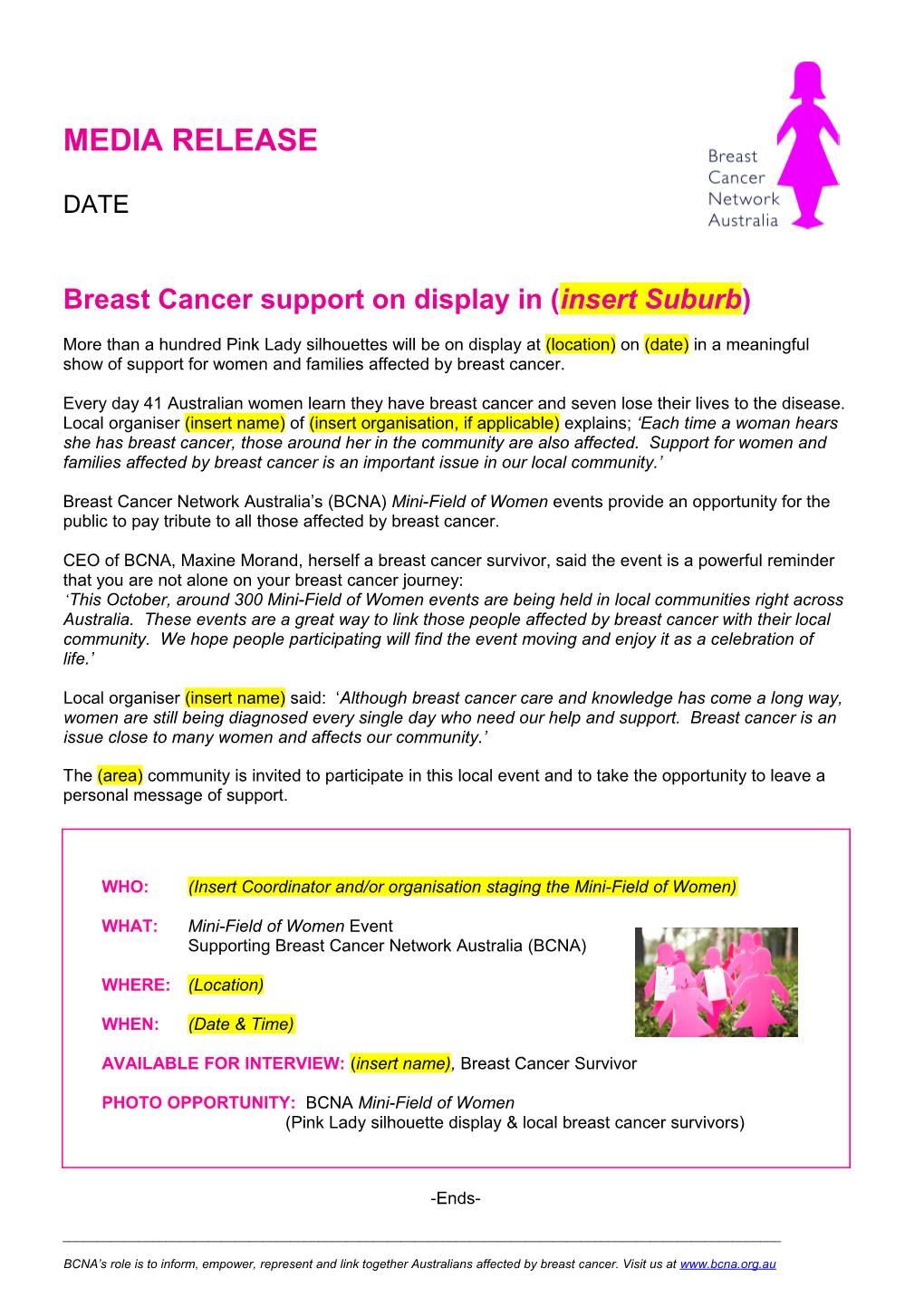 Breast Cancer Support on Display in (Insert Suburb)