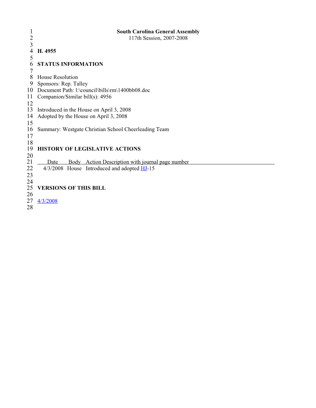 2007-2008 Bill 4955: Westgate Christian School Cheerleading Team - South Carolina Legislature