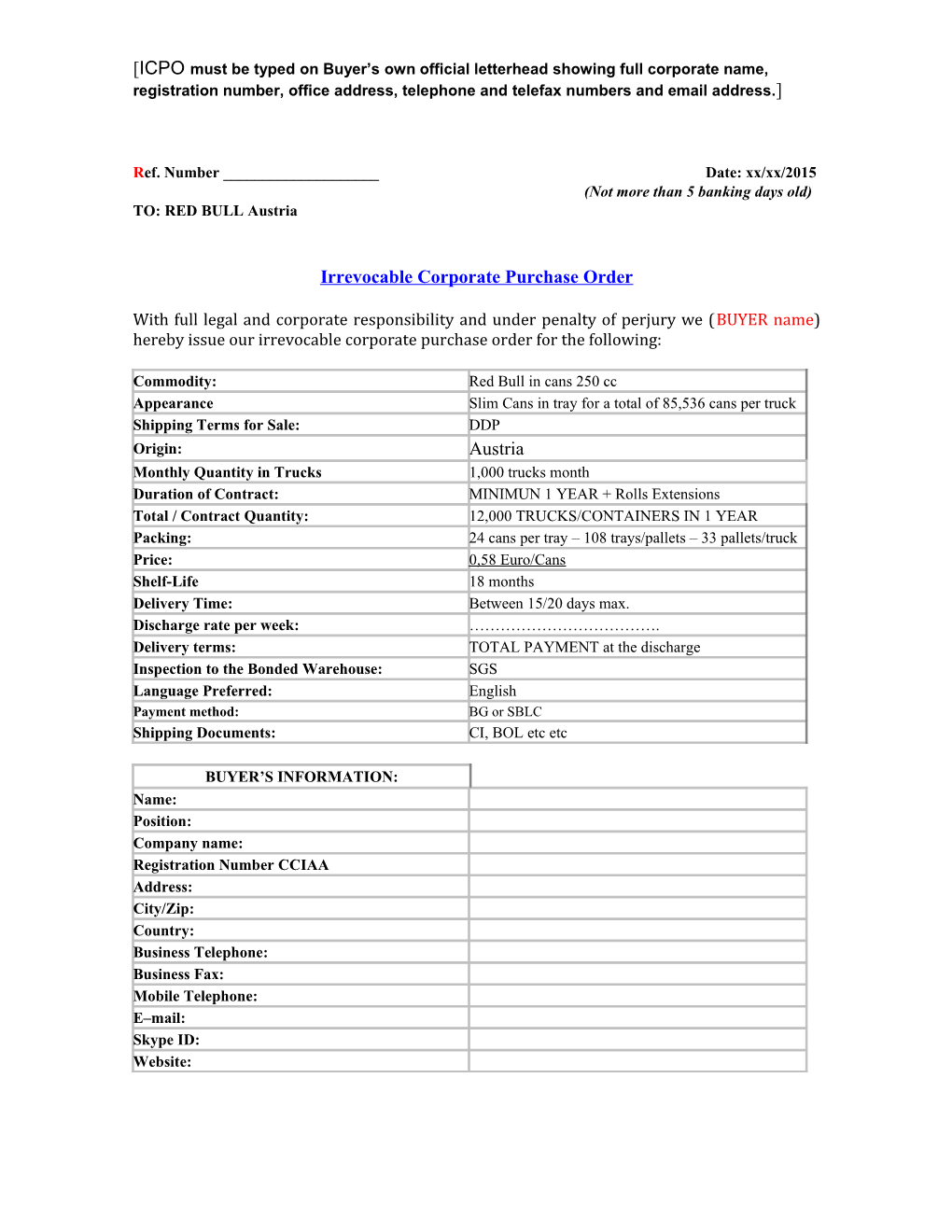 ICPO Must Be Typed on Buyer S Own Official Letterhead Showing Full Corporate Name, Registration