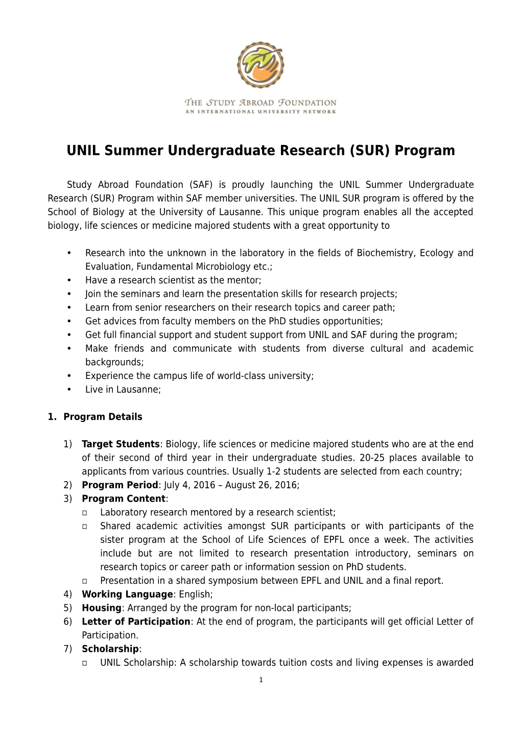 UNIL Summer Undergraduate Research (SUR) Program