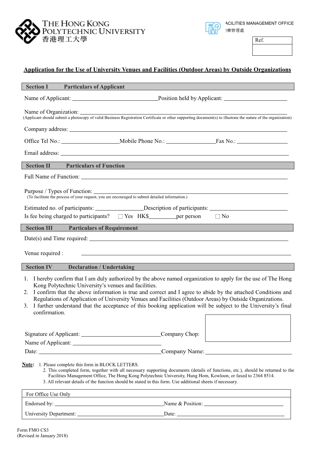 Application for the Use of University Venues and Facilities (Outdoor Areas) by Outside