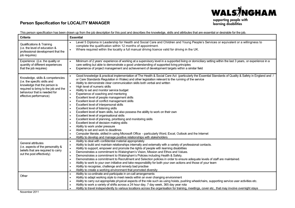 Person Specification for LOCALITY MANAGER