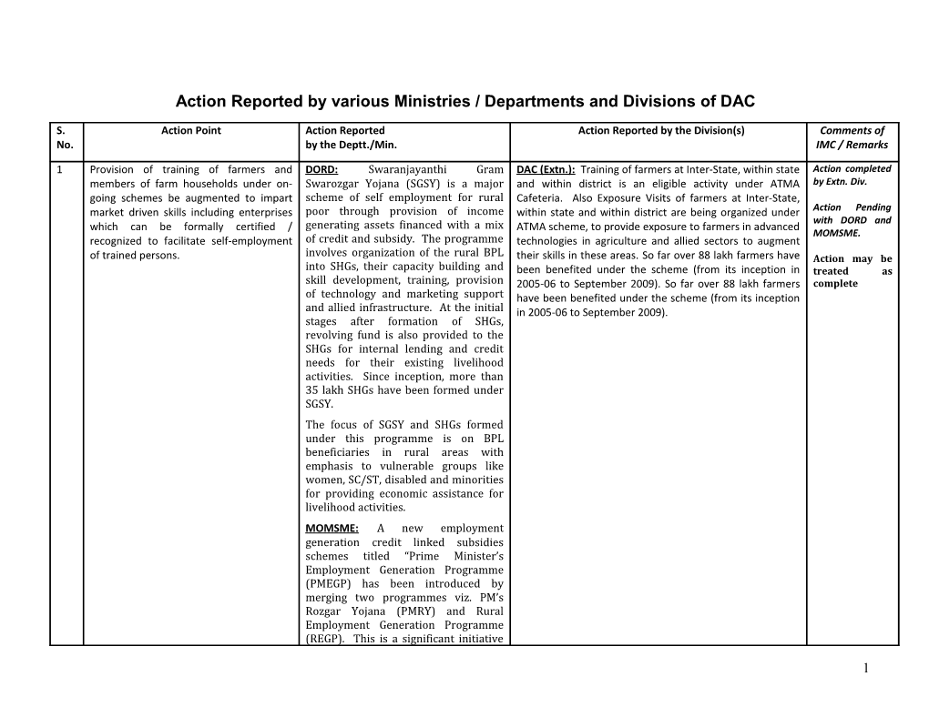 Action Reported by Various Ministries / Departments and Divisions of DAC