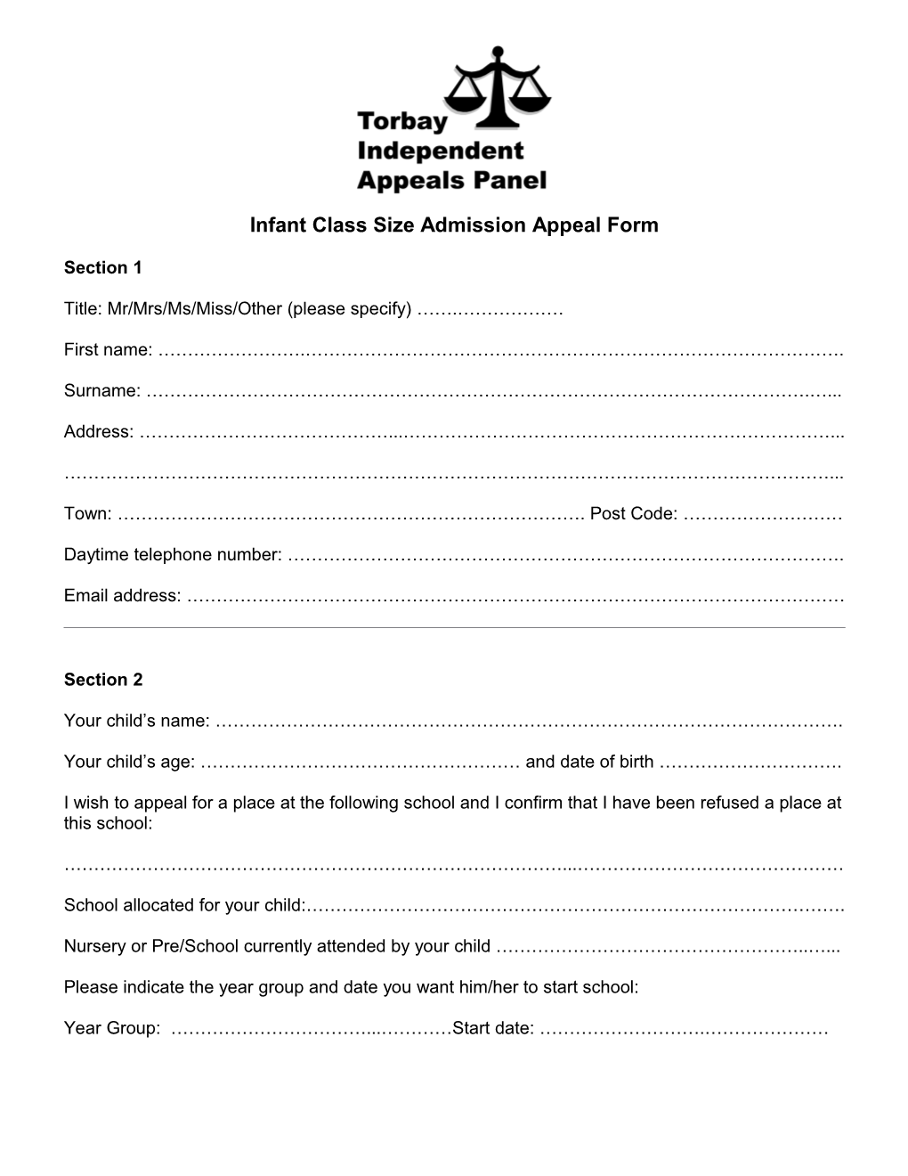 Infant Class Size Admission Appeal Form