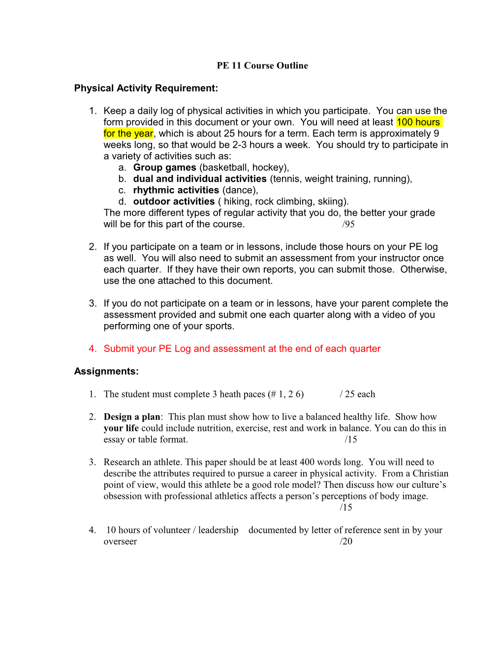 PE 10 Course Outline