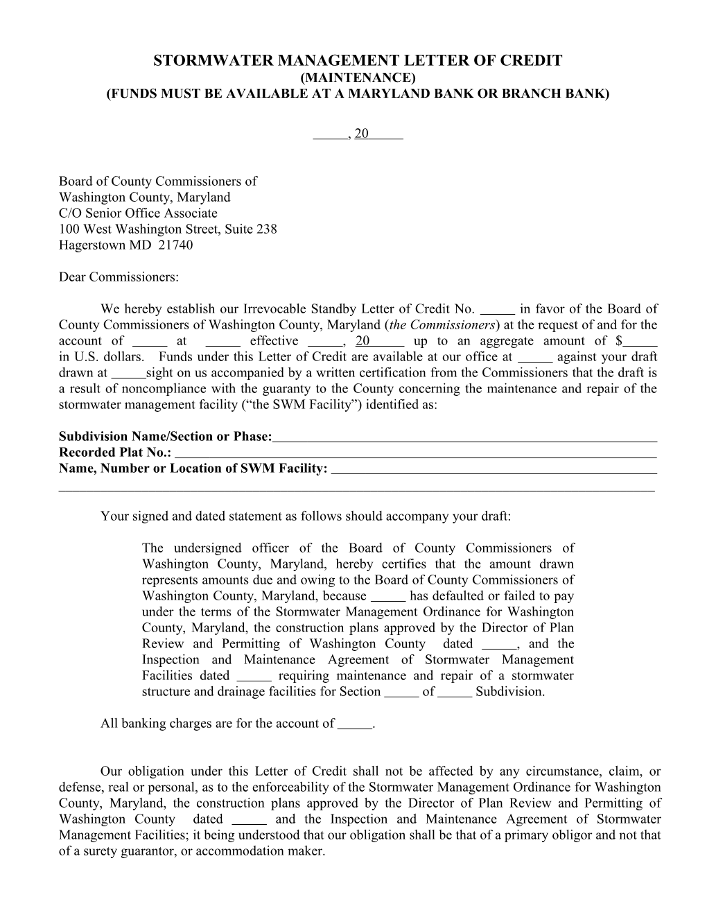 Stormwater Management Letter of Credit