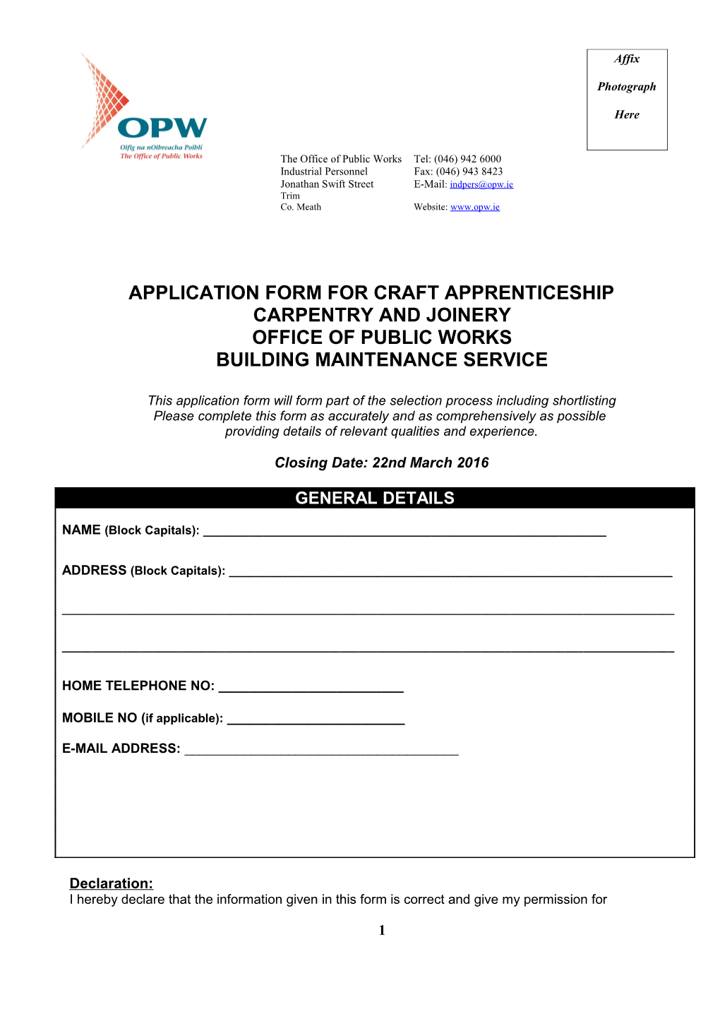 Application Form for Apprenticeship