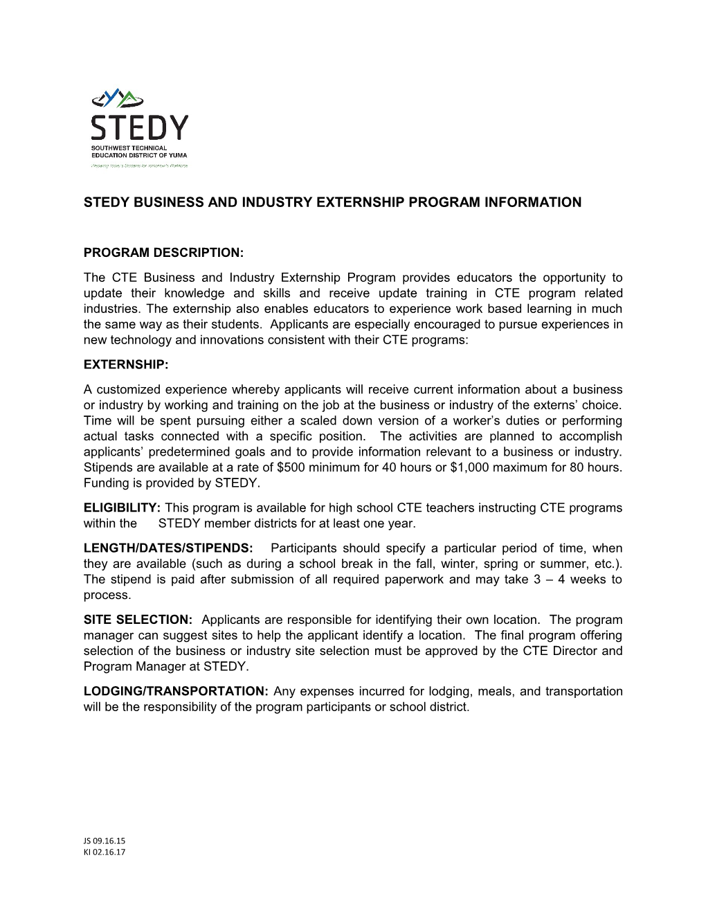 Stedy Business and Industry Externship Program Information