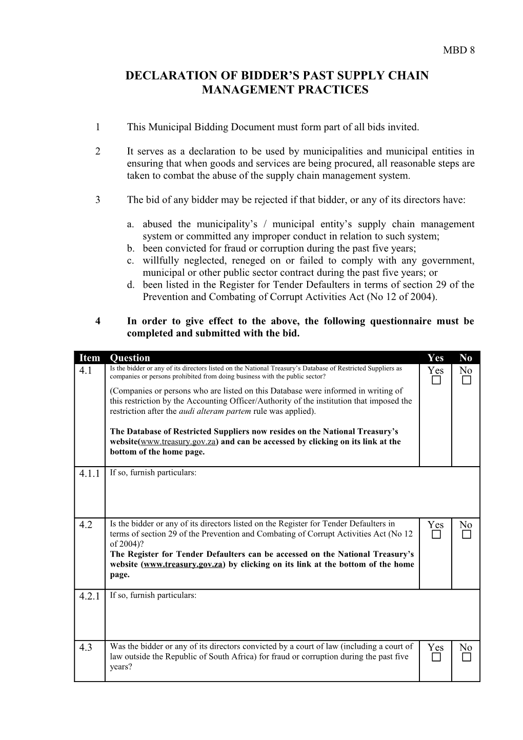 Declaration of Bidder S Past Supply Chain Management Practices