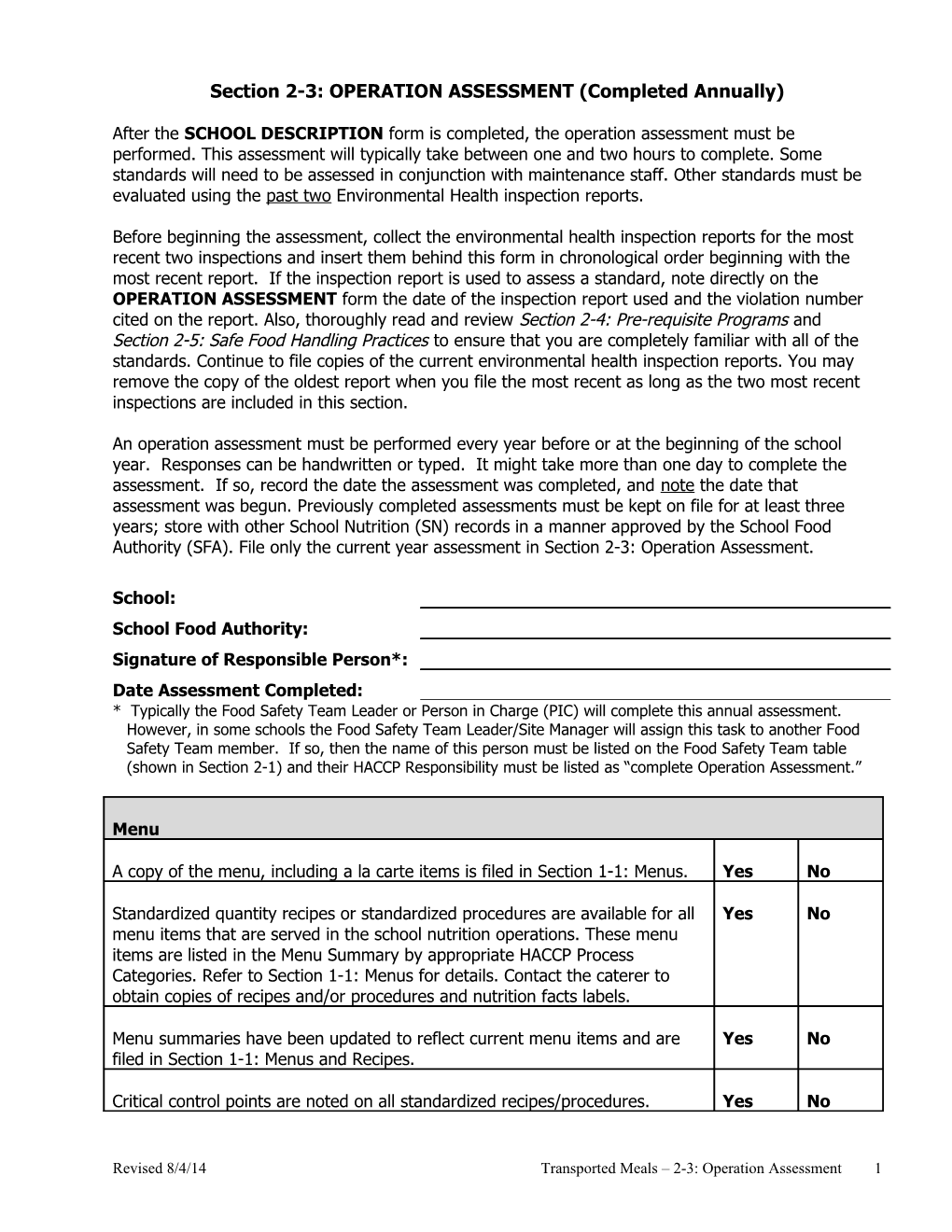 Section 2-3: OPERATION ASSESSMENT (Completed Annually)