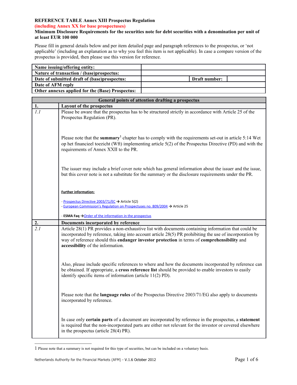 REFERENCE TABLE Annex XIII Prospectus Regulation