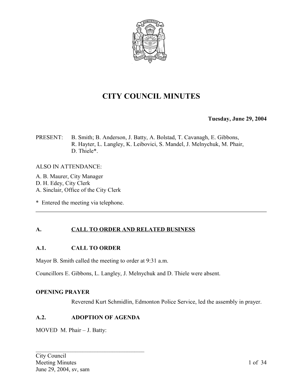 Minutes for City Council June 29, 2004 Meeting