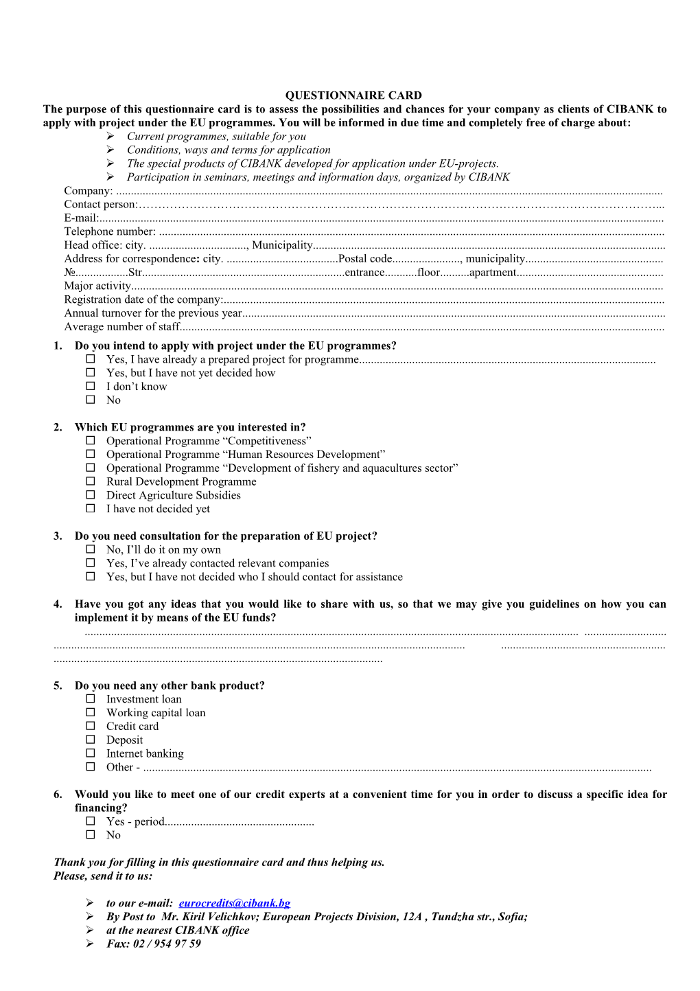 Questionnaire Card