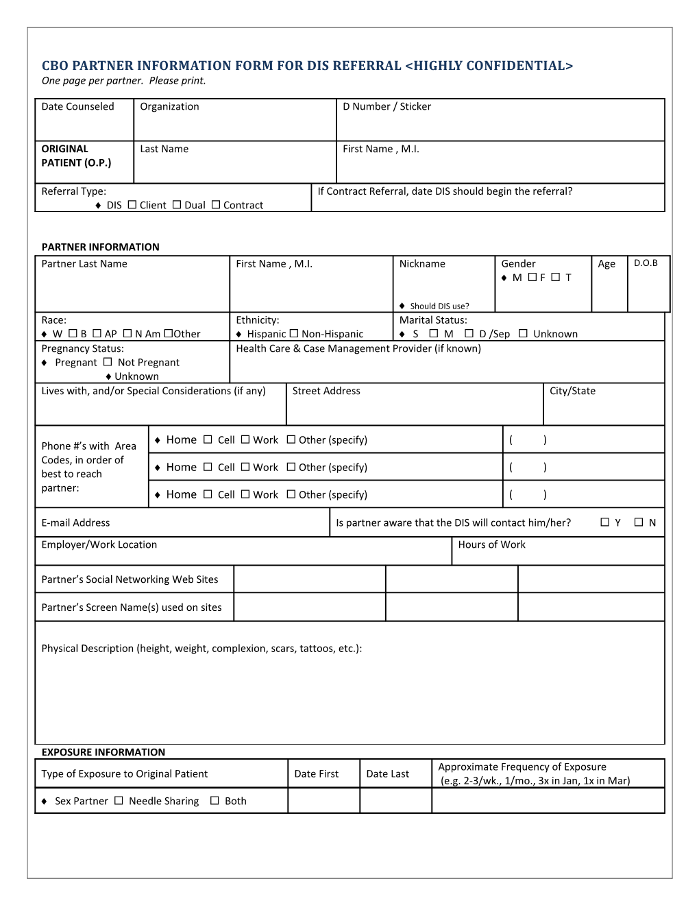 Cbo Partner Information Form for Dis Referral Highly Confidential