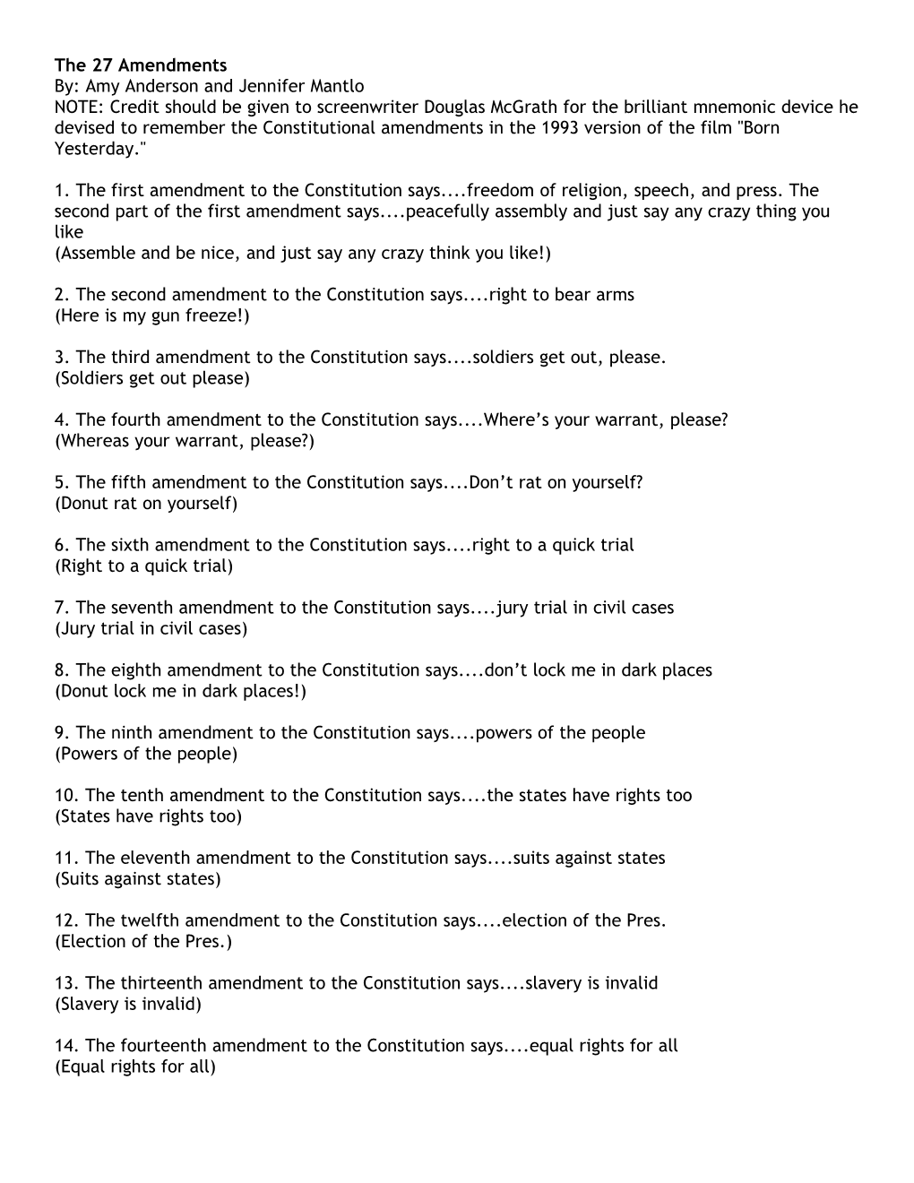 The 27 Amendments By: Amy Anderson and Jennifer Mantlo NOTE: Credit Should Be Given To