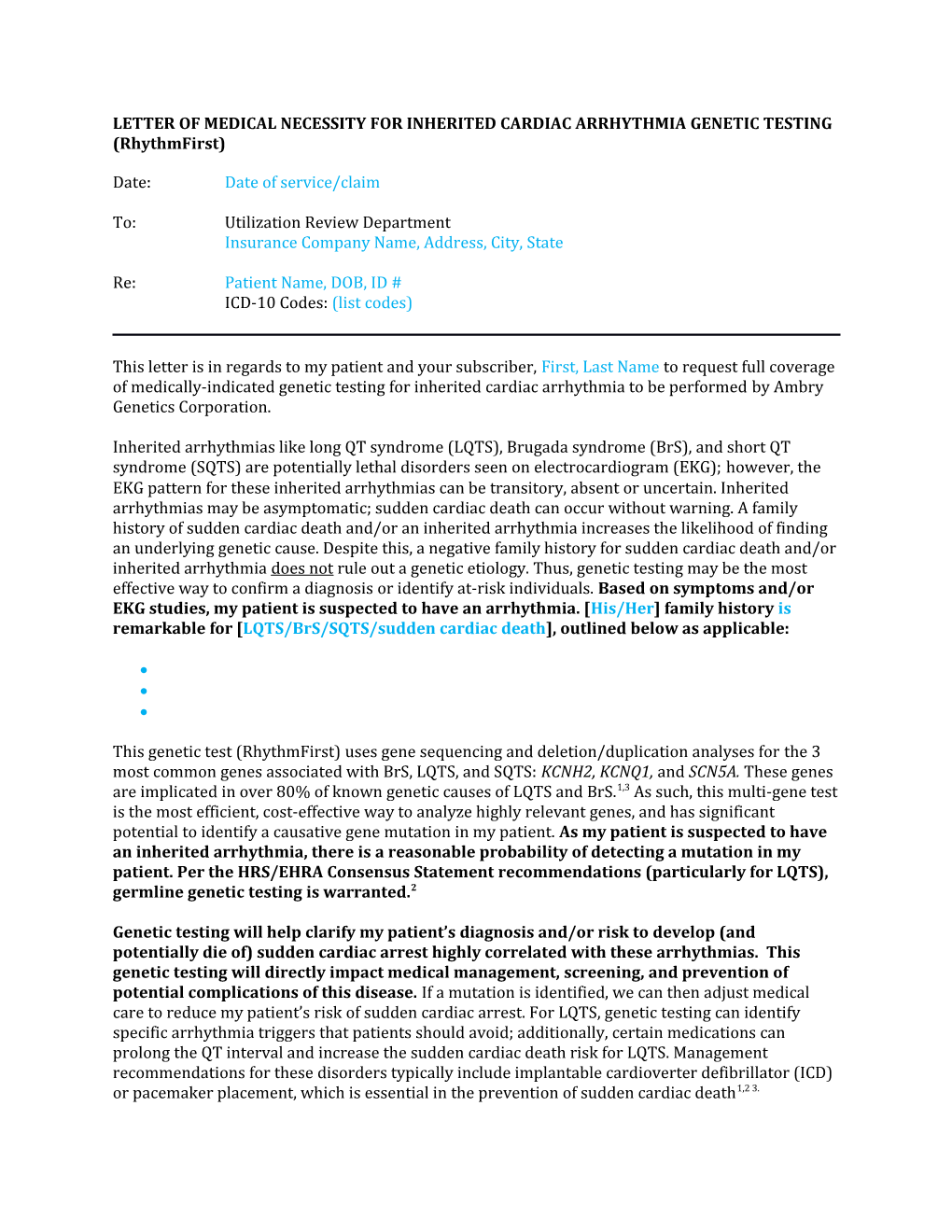 LETTER of MEDICAL NECESSITY for INHERITED CARDIAC ARRHYTHMIA GENETIC TESTING (Rhythmfirst)