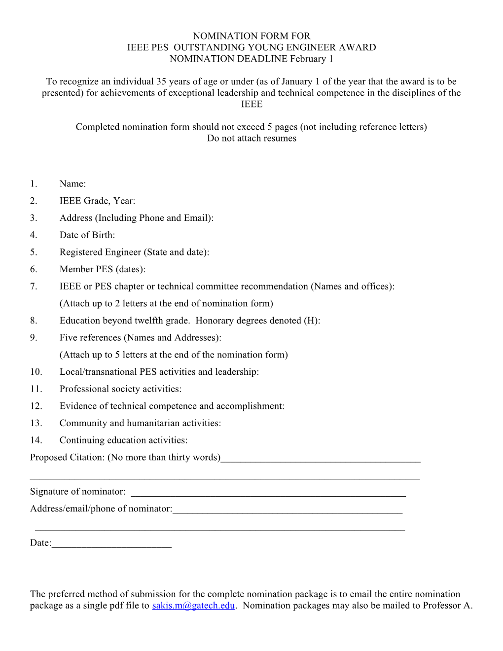 Nomination Form for Ieee Pes