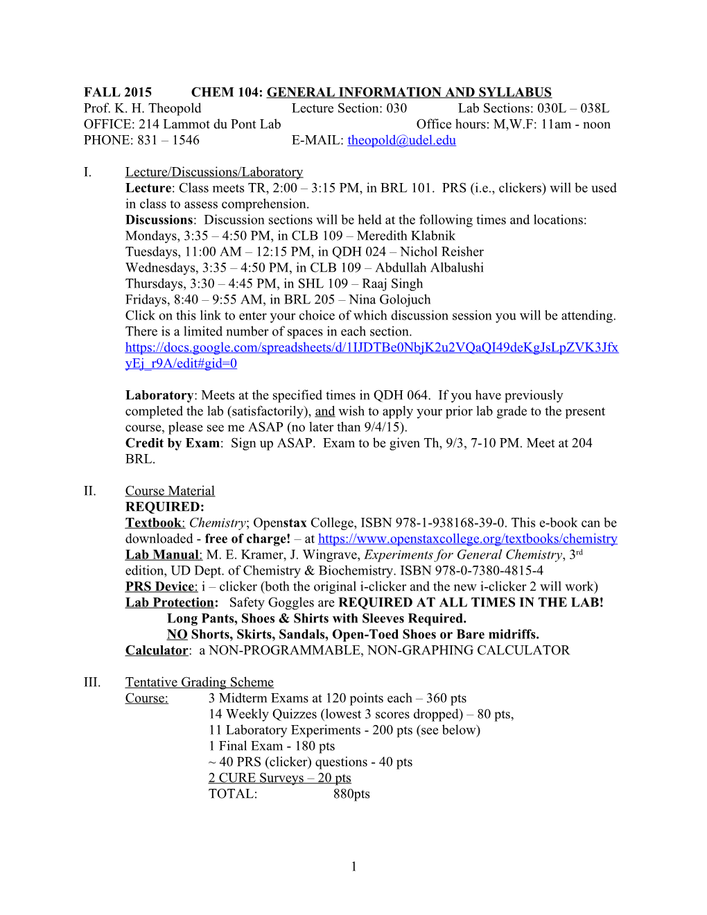 Fall 2015 Chem 104: General Information and Syllabus