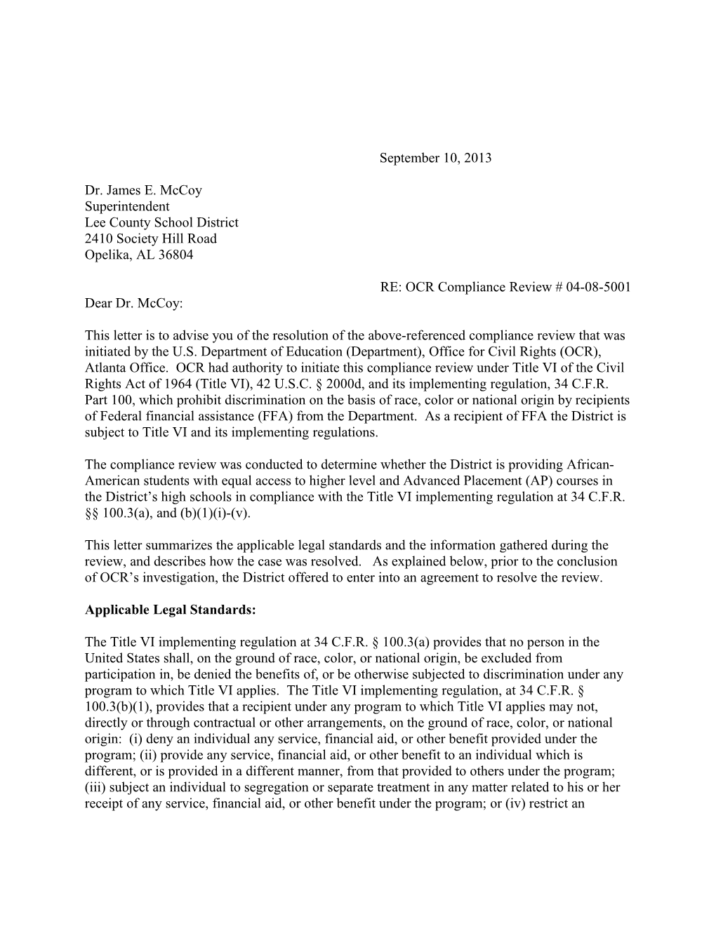 Resolution Letter to Lee County School District, Alabama: Compliance Review #04-08-5001