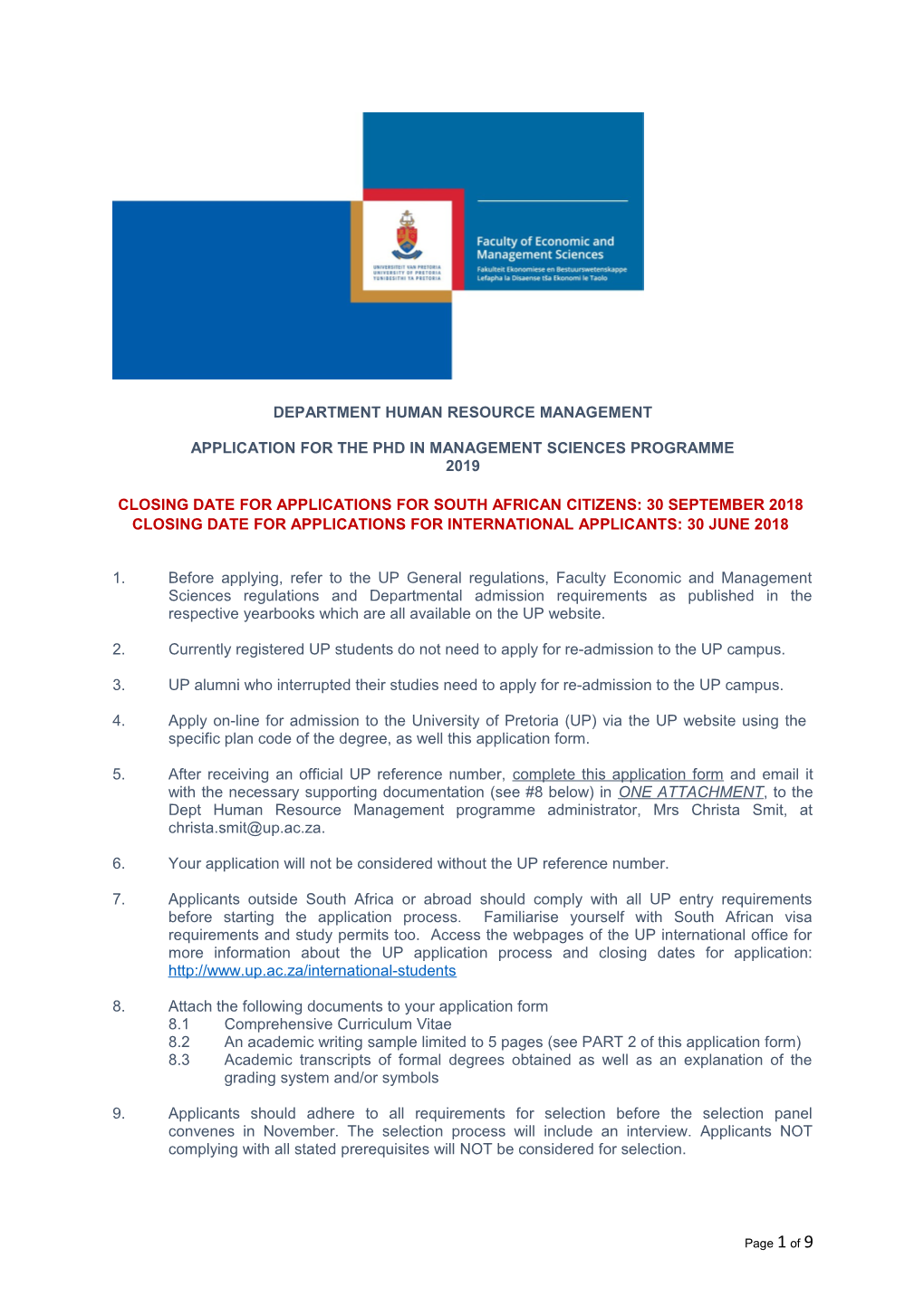Application for the Phd in Management Sciences Programme