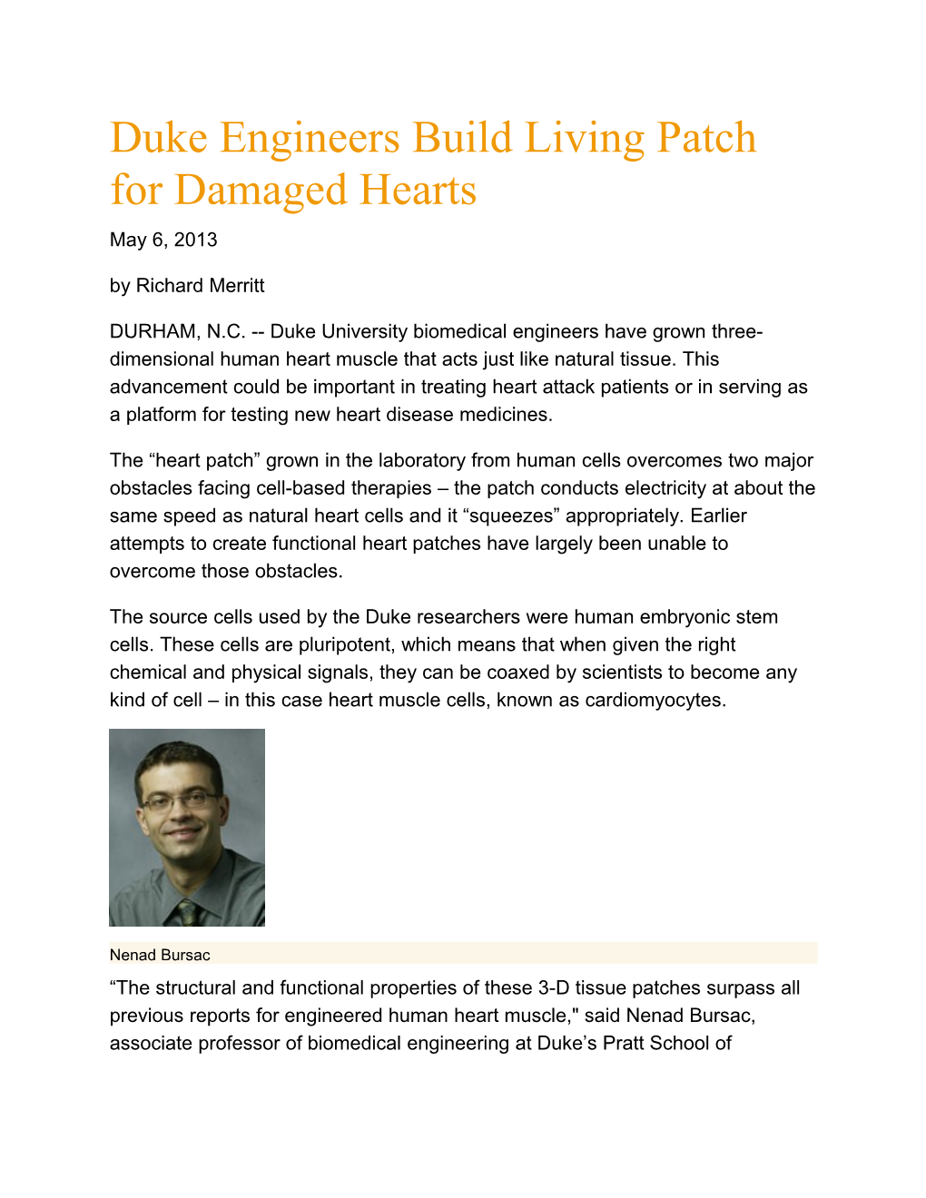 Duke Engineers Build Living Patch for Damaged Hearts