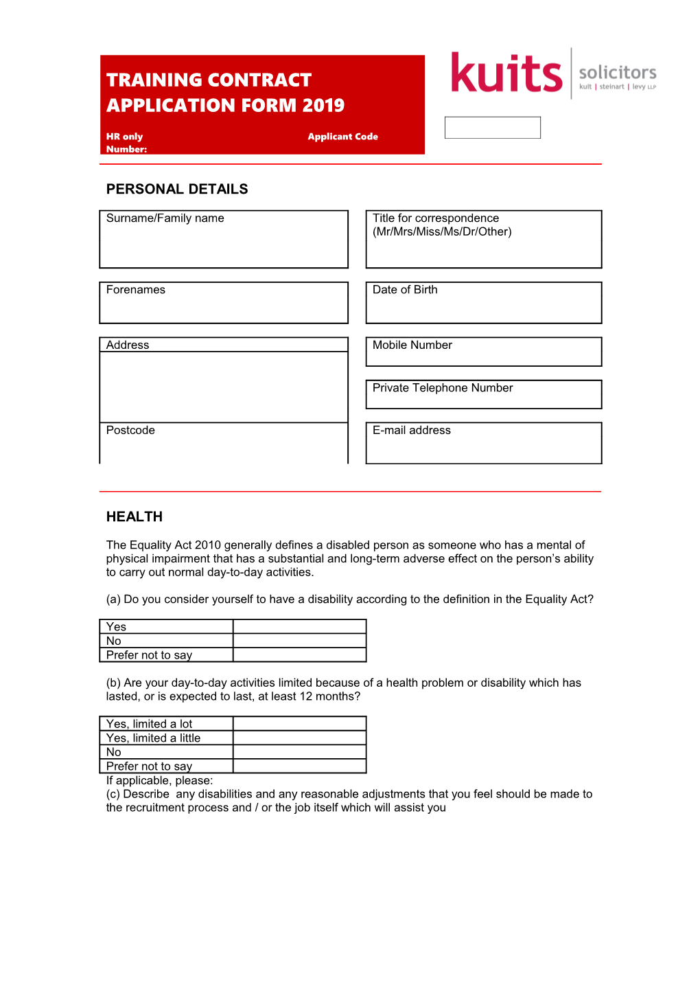 Training Contract Application Form