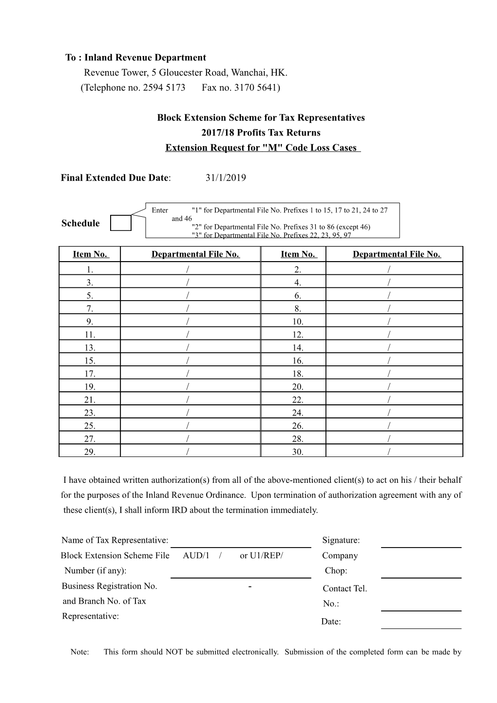 Block Extension Scheme for Tax Representatives