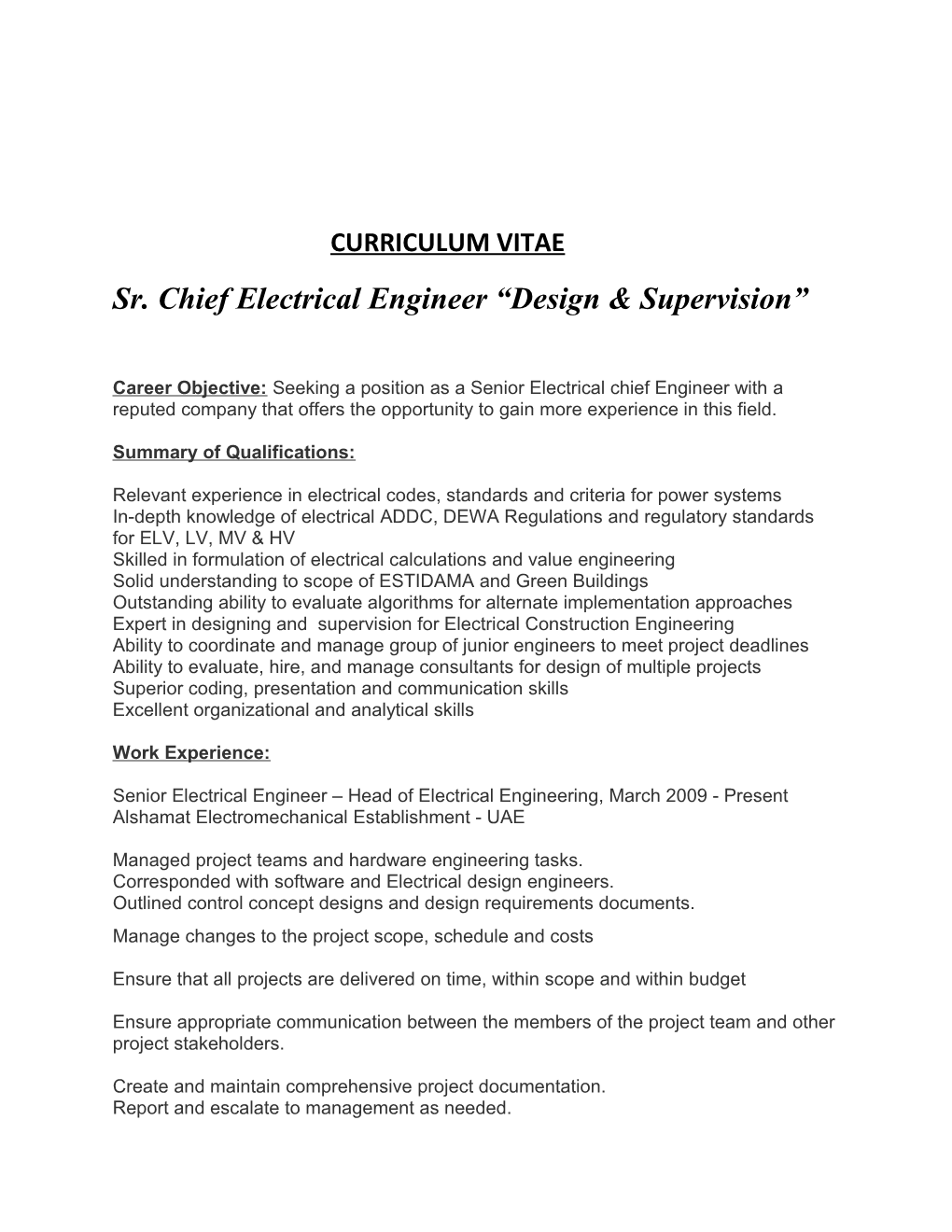 Sr. Chief Electrical Engineer Design & Supervision