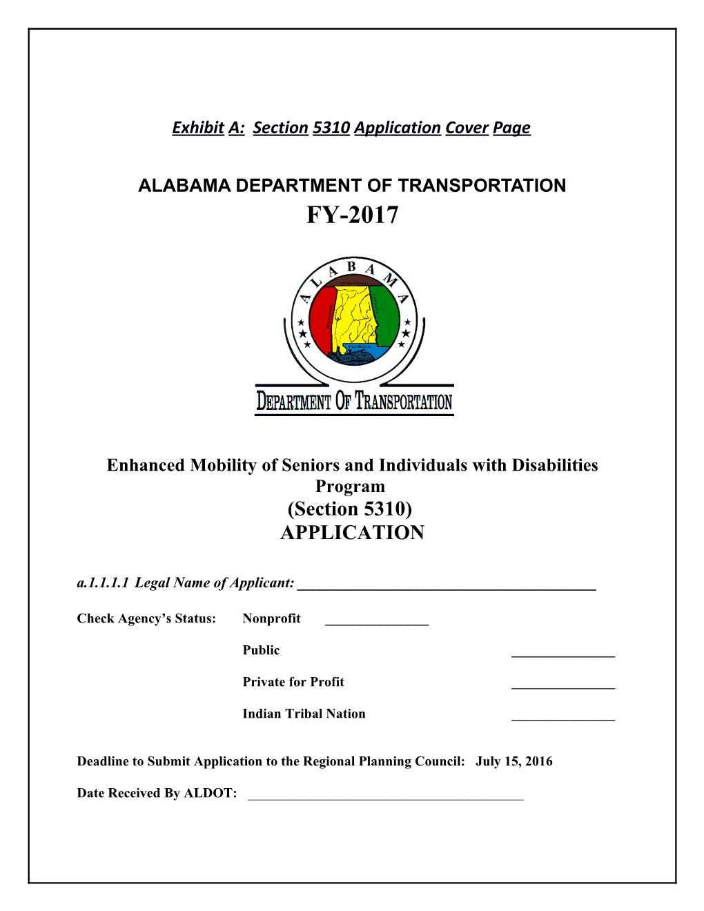 Exhibit A: Section 5310 Application Cover Page