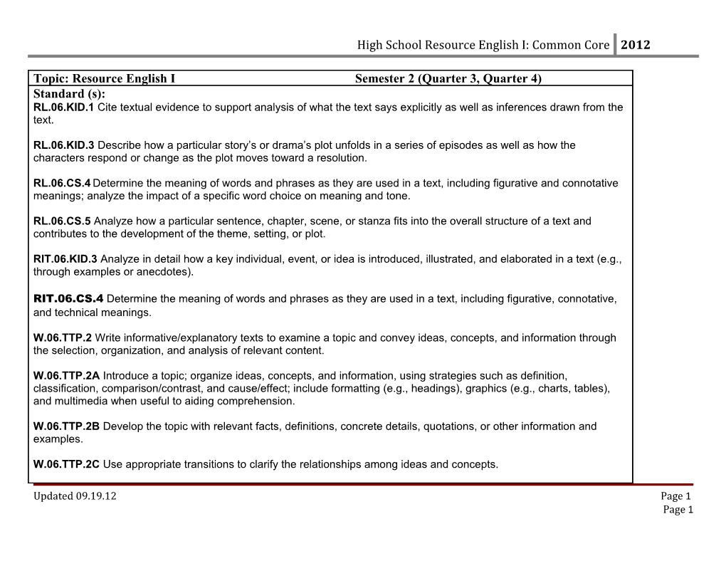 High School Resource English 1: Common Core