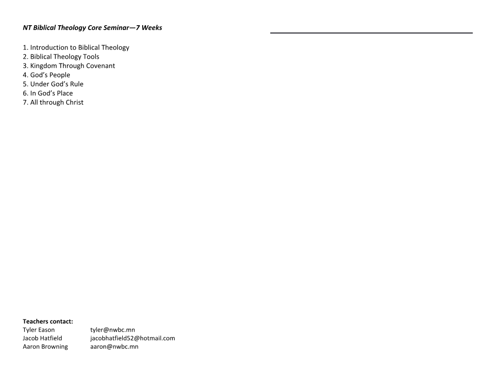 NT Biblical Theology Core Seminar 7 Weeks