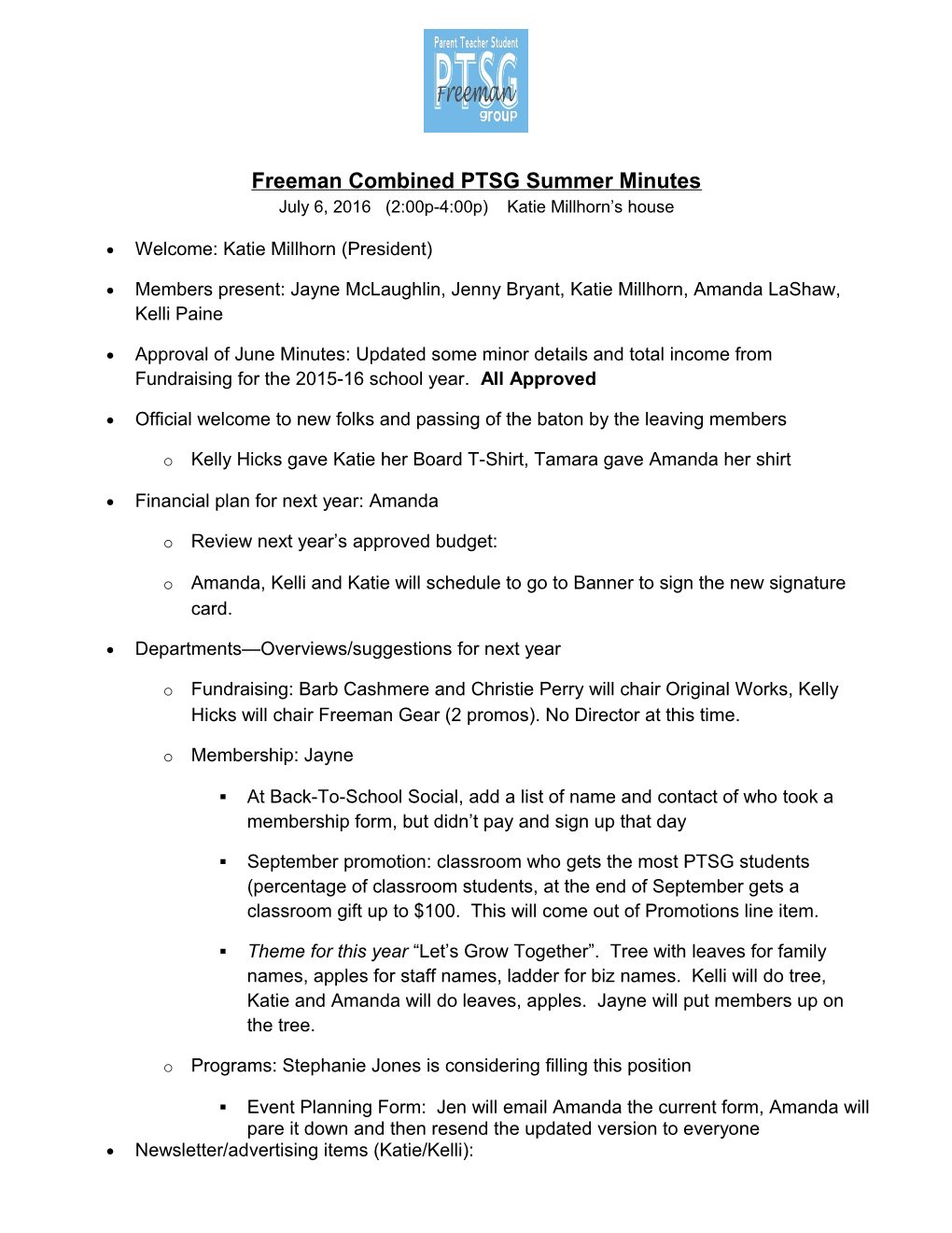 Freeman Combined PTSG Summer Minutes