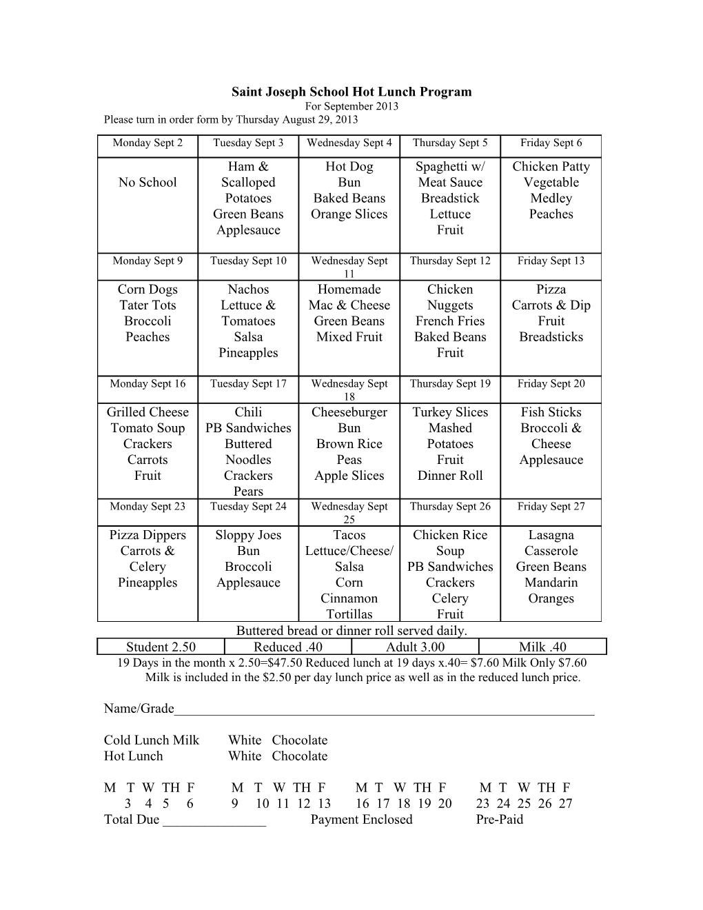 Saint Joseph School Hot Lunch Program