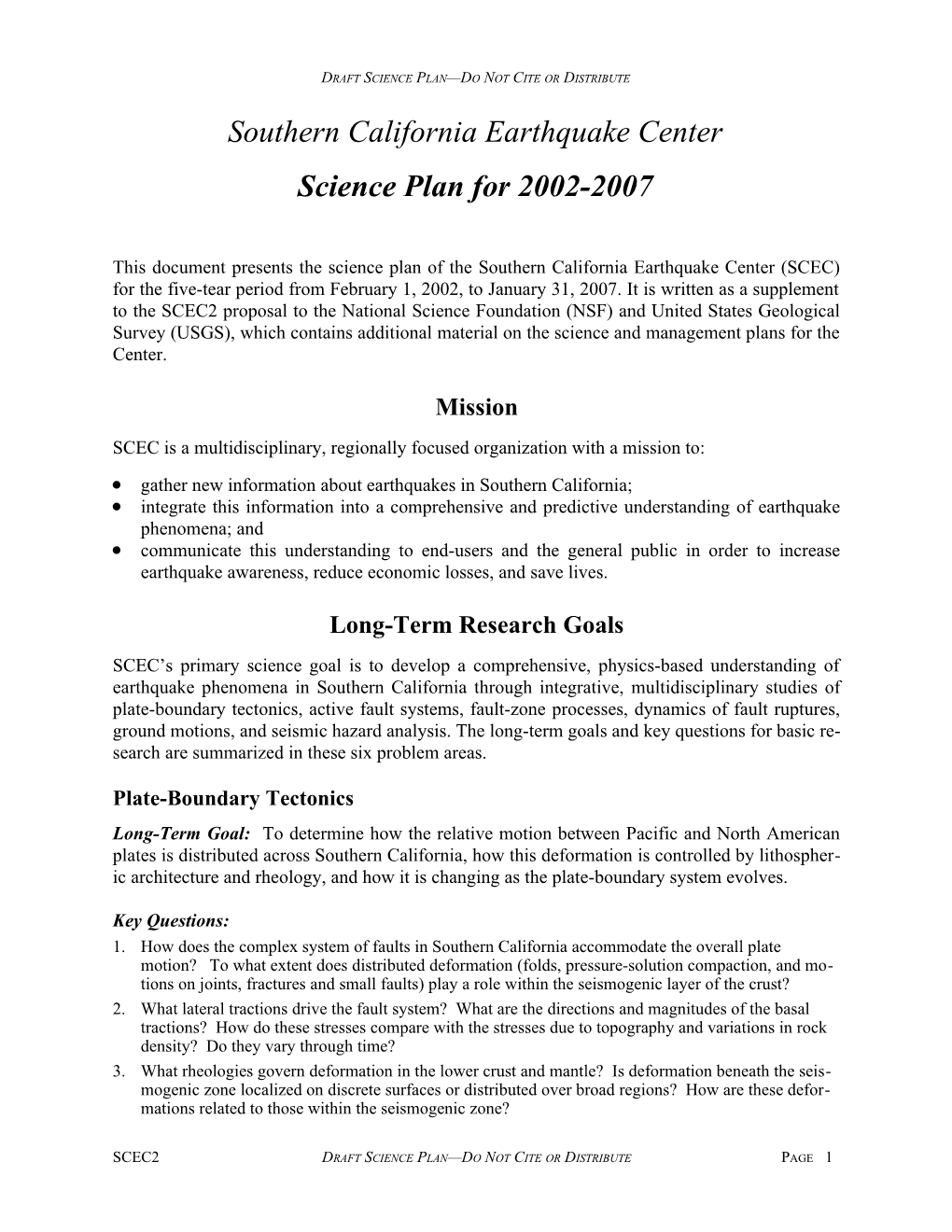 Draft Science Plan Do Not Cite Or Distribute