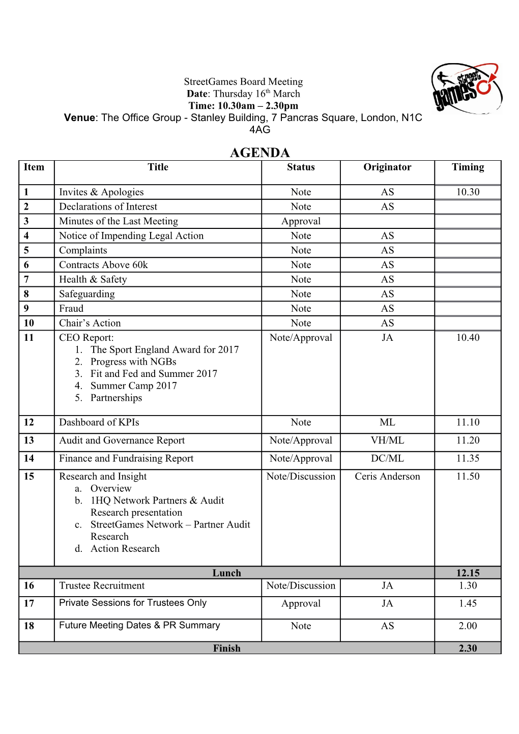 Streetgames Board Meeting