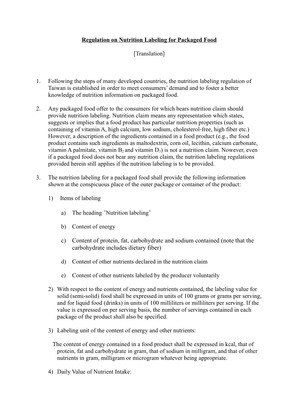 Regulation on Nutrition Labeling for Packaged Food