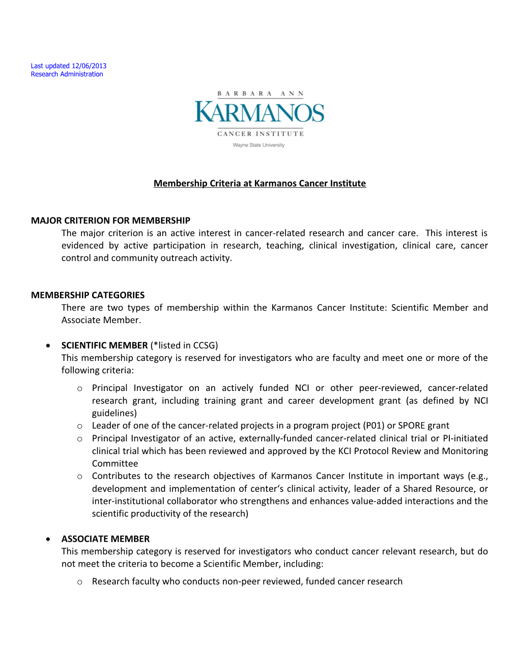 Membership Criteria at Karmanos Cancer Institute