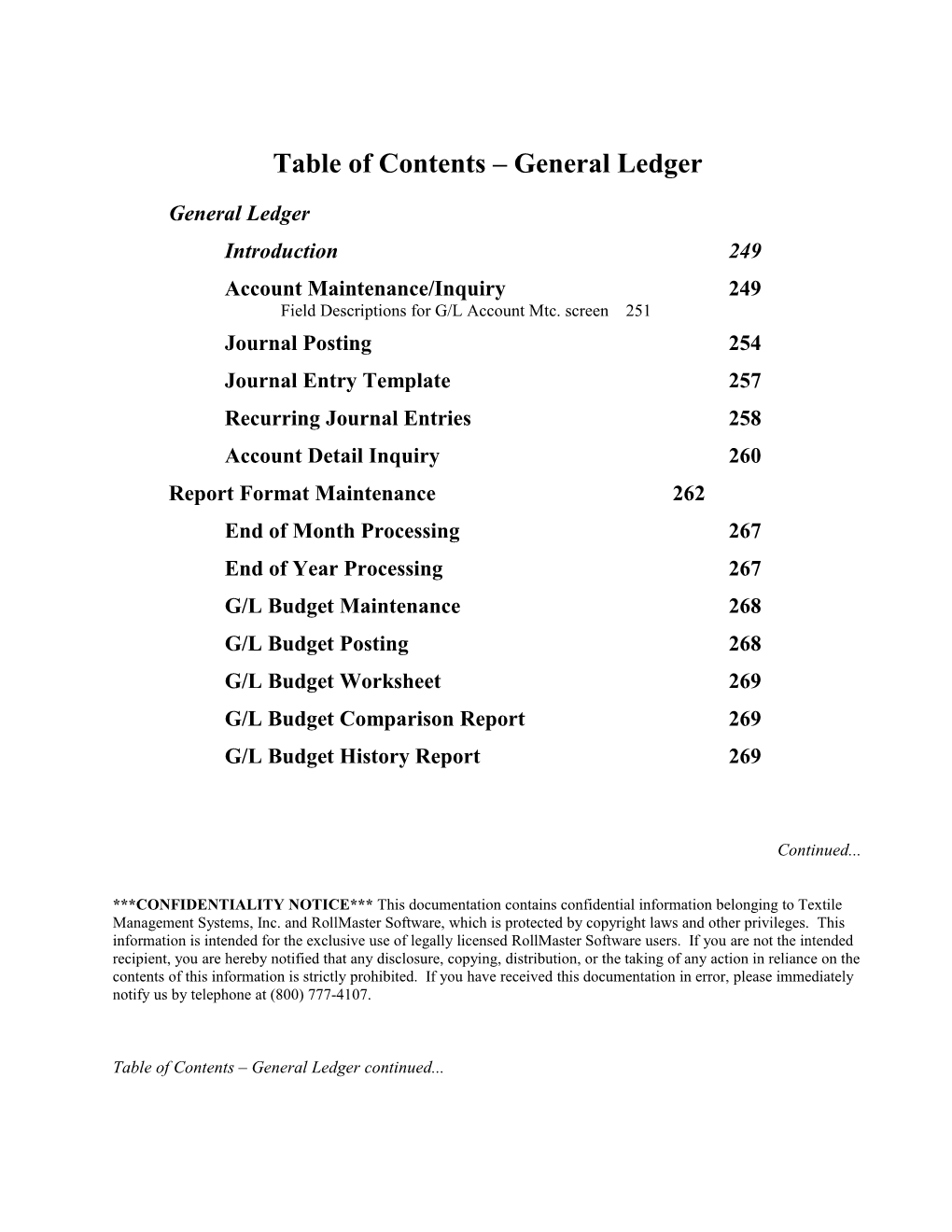 Table of Contents General Ledger