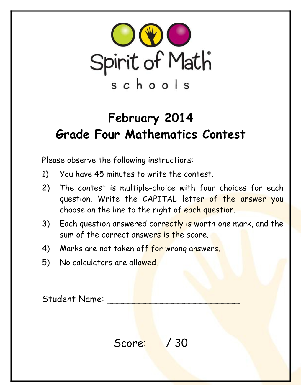 Grade Four Mathematics Contest