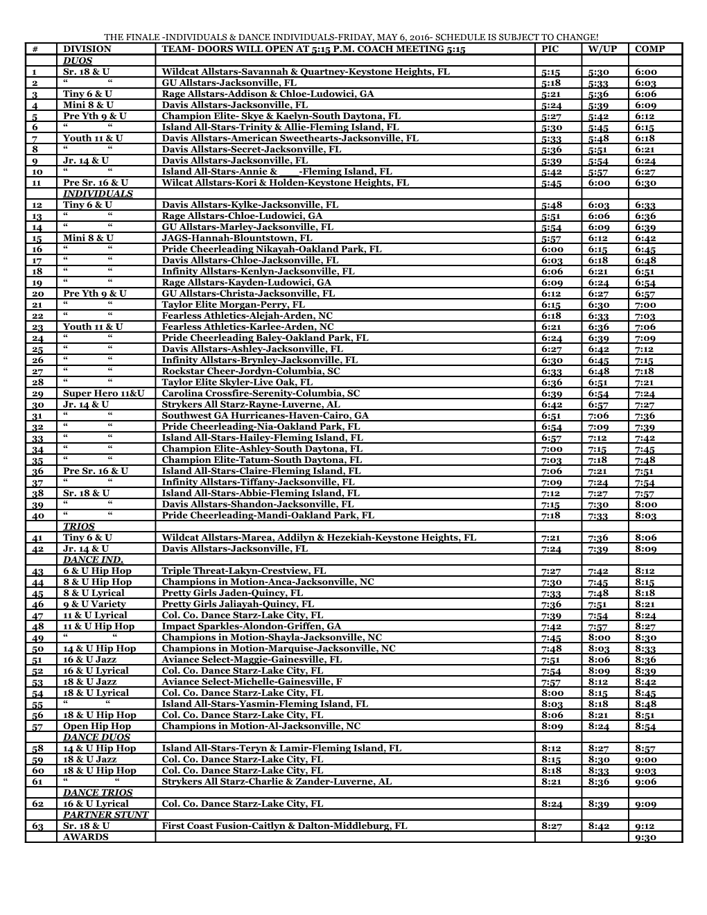 The Finale -Individuals & Dance Individuals-Friday, May 6, 2016- Schedule Is Subject to Change!