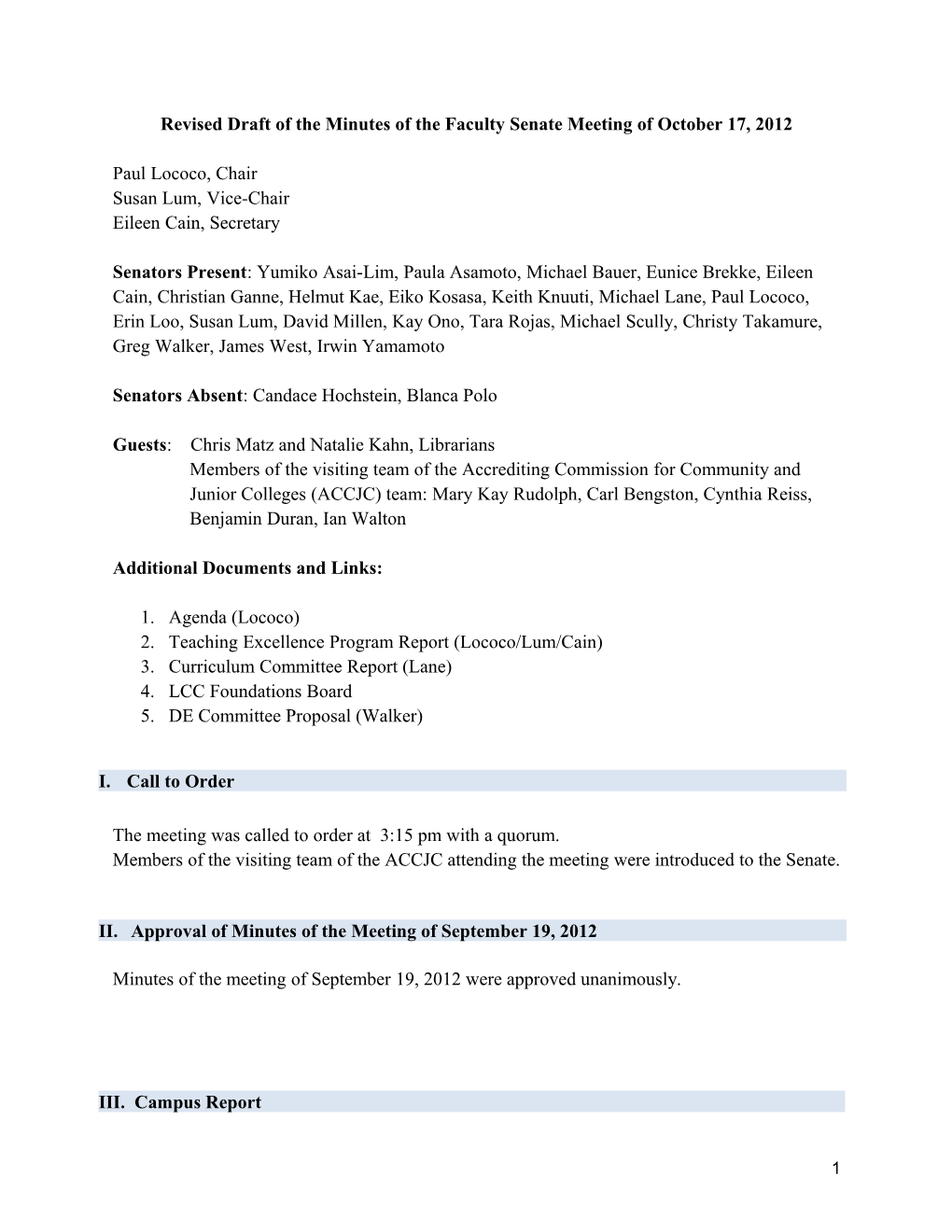 Revised Draft of the Minutes of the Faculty Senate Meeting of October 17, 2012