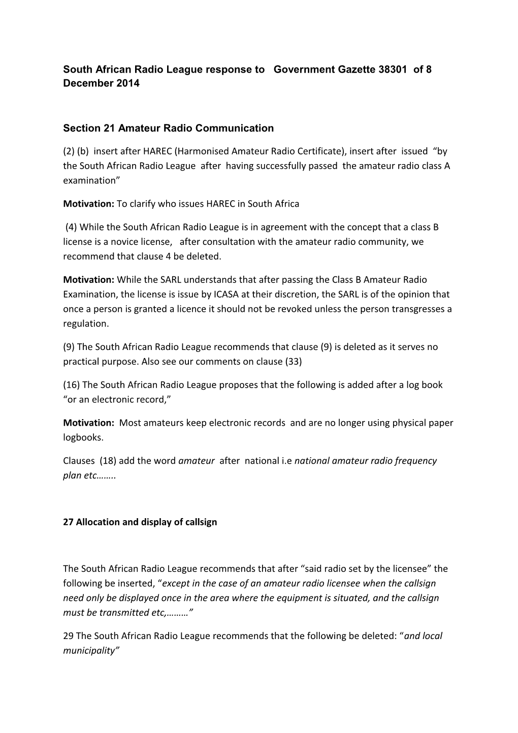 South African Radio League Response to Government Gazette 38301 Of8 December 2014