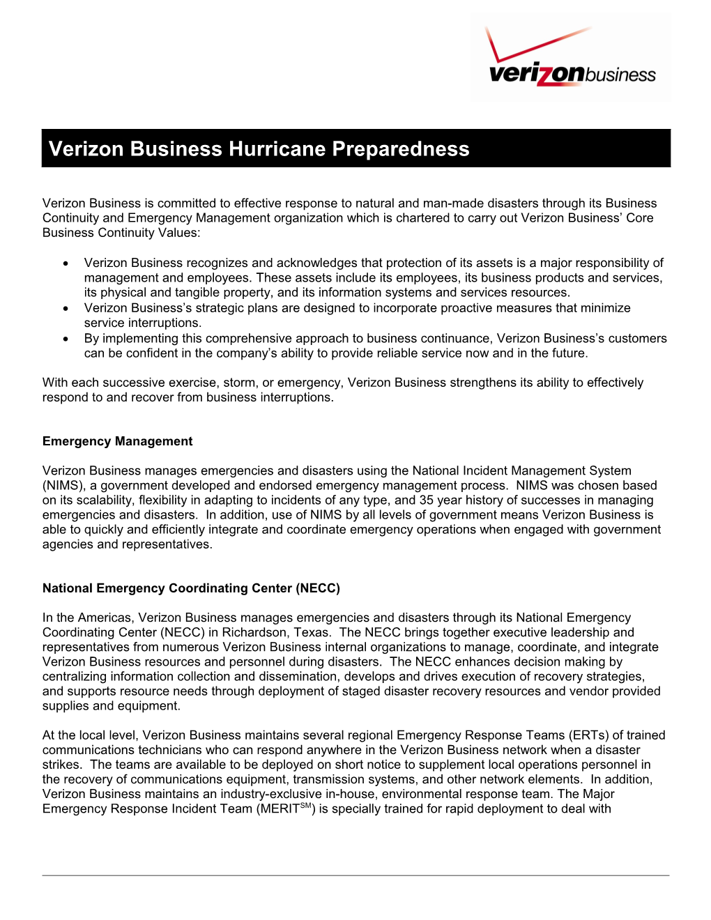 Verizon Business Is Committed to Effective Response to Natural and Man-Made Disasters Through