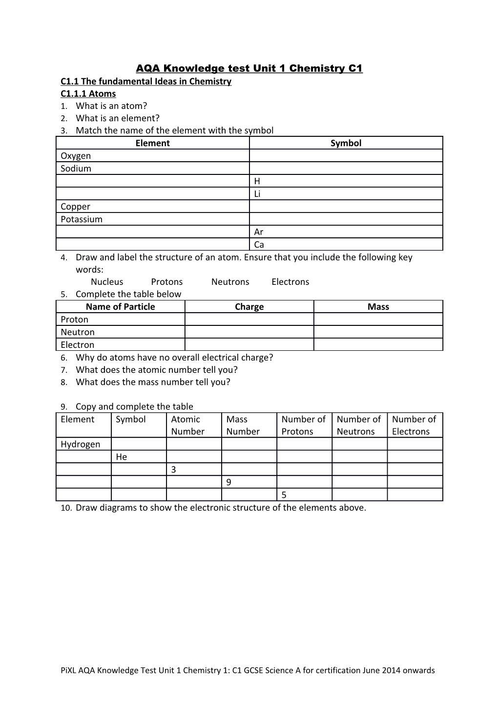 AQA Knowledge Test Unit 1 Chemistry C1