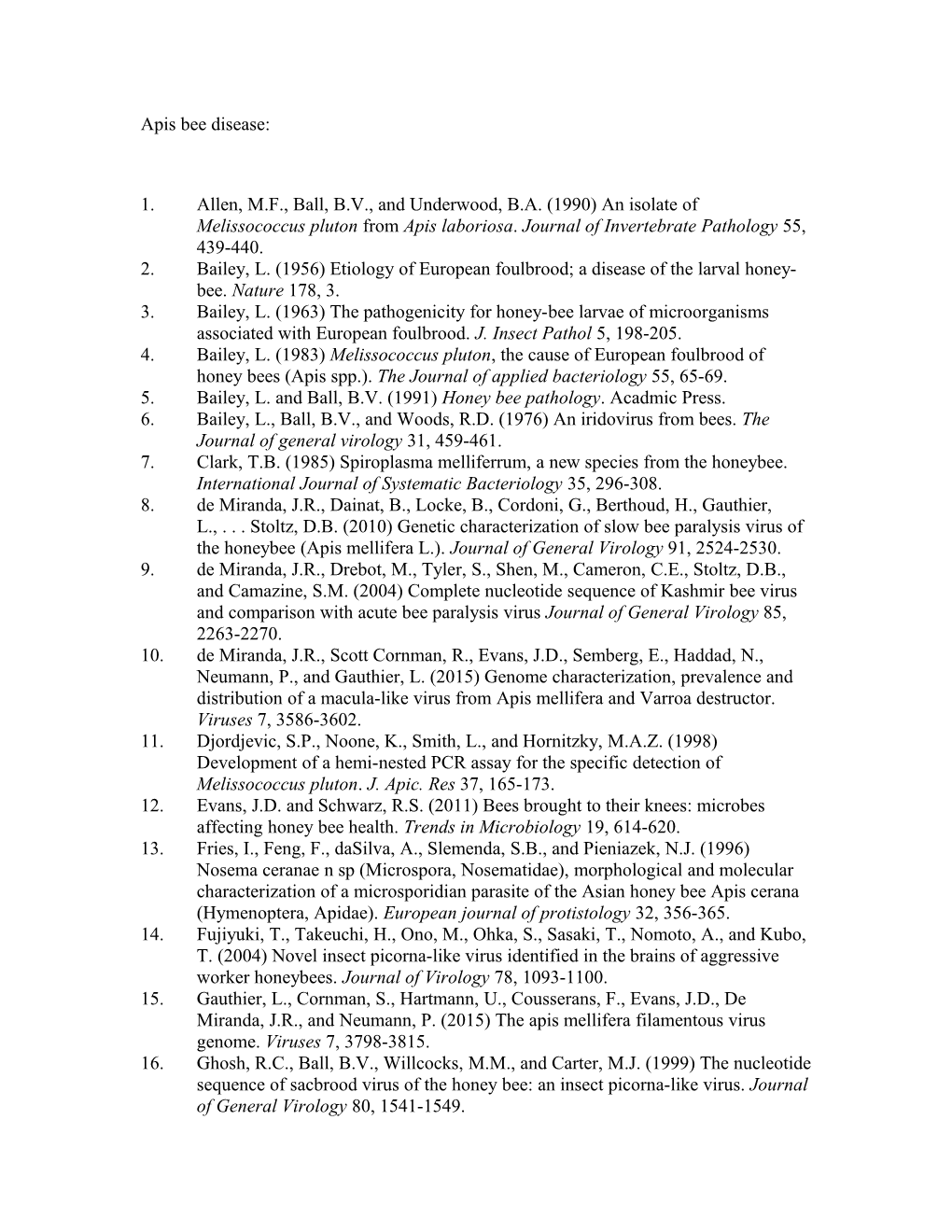 2.Bailey, L. (1956) Etiology of European Foulbrood; a Disease of the Larval Honey-Bee