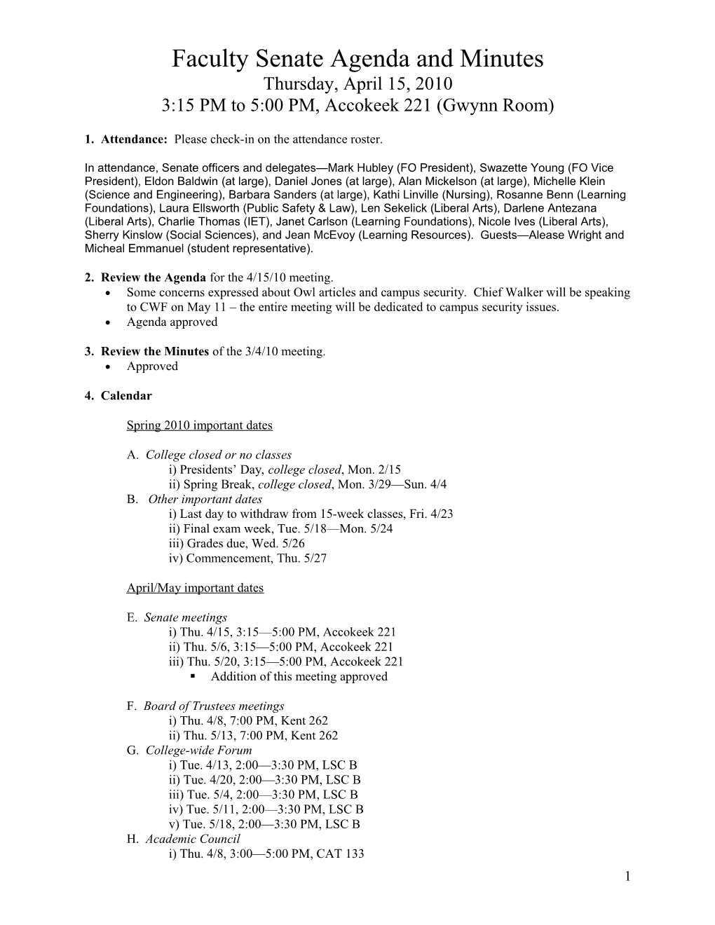 Draft Faculty Senate Agenda